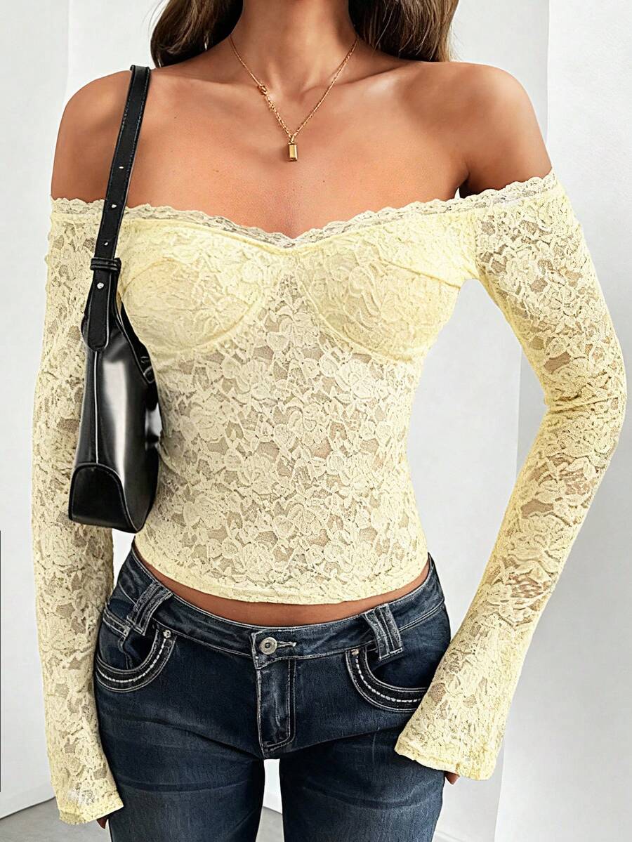 GAOVOT 女士秋季 Y2K 性感修身单肩长袖蕾丝衬衫 - 黃色 - 查看 1
