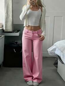 Women's Mid Rise Pink Wide Leg Jeans Loose Straight Sweet Girl Basic Casual Daily Fashion Bottoms Spring - Pink - View 3