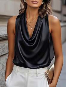 时尚垂褶领黑色缎面上衣 - 黑色 - 查看 1