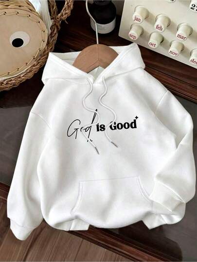 Phong cách tối giản viết tay! Áo nỉ trắng dáng rộng với khẩu hiệu "Chúa thật tốt lành", mũ trùm đầu có dây rút, túi, vải dệt kim, lớp lót ấm áp, áo nỉ nữ, áo chui đầu, cỡ lớn, mùa thu/đông, dáng rộng thoải mái, quần áo cỡ lớn mùa thu/đông, thường ngày/du lịch.