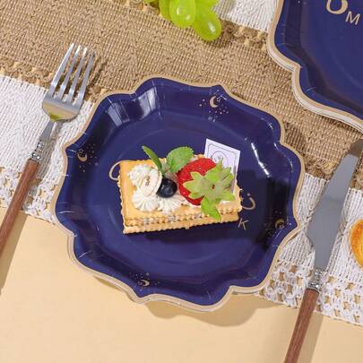 10/20/40/50pcs,Dark Blue And Gold EID Mubarak Paper Plates White Scalloped Eid Dessert Plates Eid Mubarak Dinner Plates Tableware For 2026 EID Mubarak And Ramadan Party Festival Decorations,Scalloped Cake Plates Suitable For Ramadan, Eid -Fitr, Party Decorations