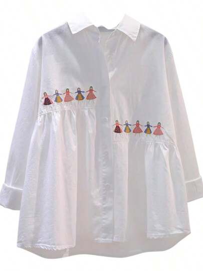Women's Casual Solid Color Embroidered Long Sleeve Shirt, Spring White