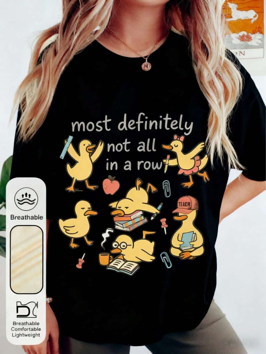 Trenfashion Women's Oversized Short Sleeve Graphic Tee With 'Most Definitely Not All In A Row' Funny Duck Doodle Print, Teacher Life Humorous - 黑色 - 查看 1