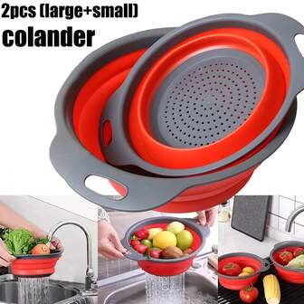 Juego de 2 coladores plegables, aptos para la cocina y los viajes, adecuados para verduras y frutas (Rojo)