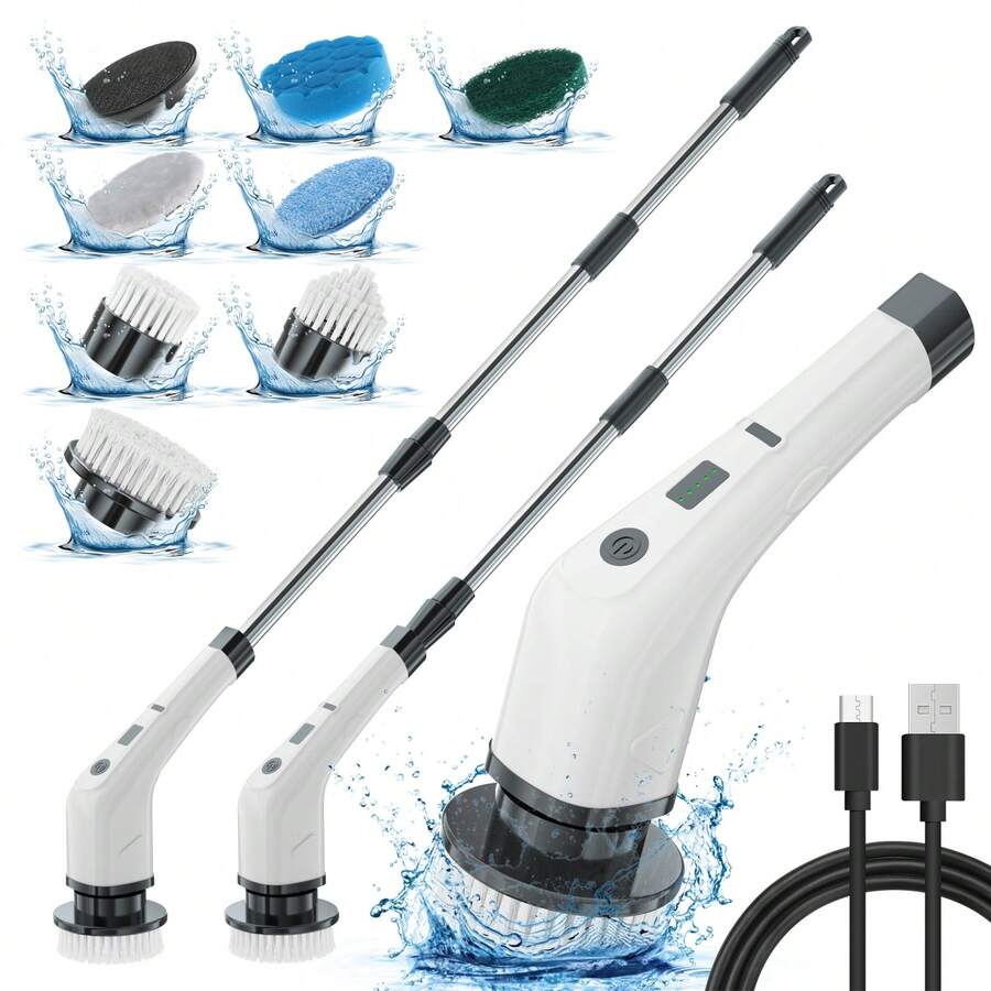 Fregadora eléctrica giratoria, cepillo de limpieza motorizado inalámbrico y cinco cabezales de cepillo intercambiables, fregadora de ducha eléctrica de mano inalámbrica, adecuada para paredes, pisos, azulejos, bañeras, cocinas y baños