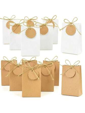 10 piezas Cajas de regalo de papel kraft vintage con tarjetas y cordón - Cajas plegables DIY con puntos de corte previos para detalles de boda, decoraciones de fiesta de cumpleaños, embalaje de regalos para baby shower - Cajas de cartón rústico marrón con cordón