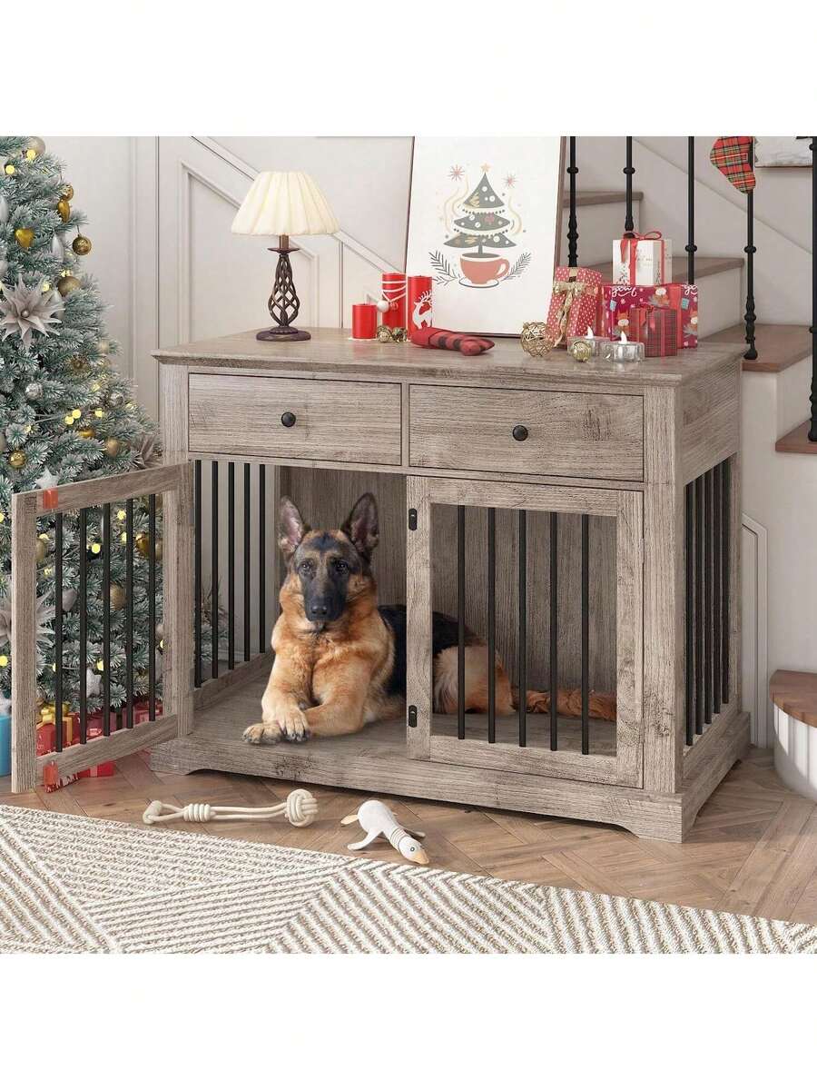 44-Inch Large Dog Crate Furniture – Wooden Kennel End Table With 2 Storage Drawers, Decorative Indoor Pet House For Medium & Large Dogs,Thanksgiving,Christmas Gift - 灰色 - 查看 1