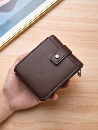  HOVI'S 男士拉链钱包，PU 皮革材质，带多个卡槽和身份证窗口，小巧设计，尺寸仅为 11.5x9.5 厘米，可收纳硬币和手机，棕色，办公必备。