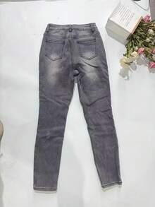 冬季保暖内衬洗水牛仔紧身裤 - 灰色 - 查看 4