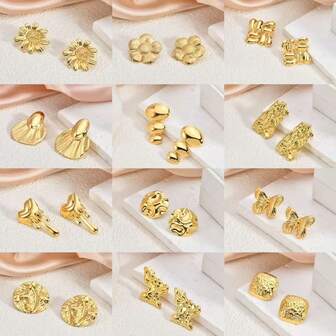 12 Pairs Fashionable High-End Stainless Steel Gold Color Women Earrings, Versatile Styles Suitable For Attending Formal Banquets And Parties (Random Assortment)
