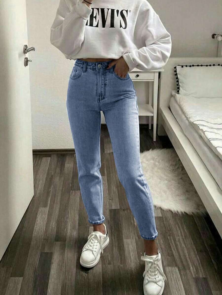 Black & Grey Harajuku Style Loose Fit High Waist Wide Leg Jeans For Women, Slim & Flattering - Light Wash - View 1