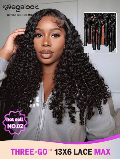 MEGALOOK Jerry Curly With Finger Coil Ends Upgrade 13x6 Three-Go™ Glueless Wigs With Drawstring - Transparent Lace Front Wig Pre Cut & Pre Plucked Natural Hairline Breathable Cap Natural Black Curly Wigs 18-24 Inch - 100% Virgin Human Hair Wig All-Day Comfort Minimal Shedding For Daily Use Office