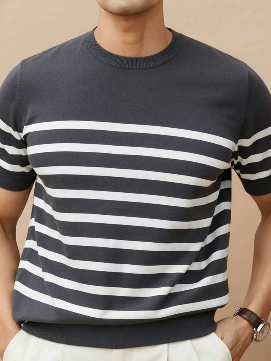 男士短袖条纹圆领T恤，透气轻便，休闲日常穿着，春/秋/冬款 - 深灰色 - 查看 1