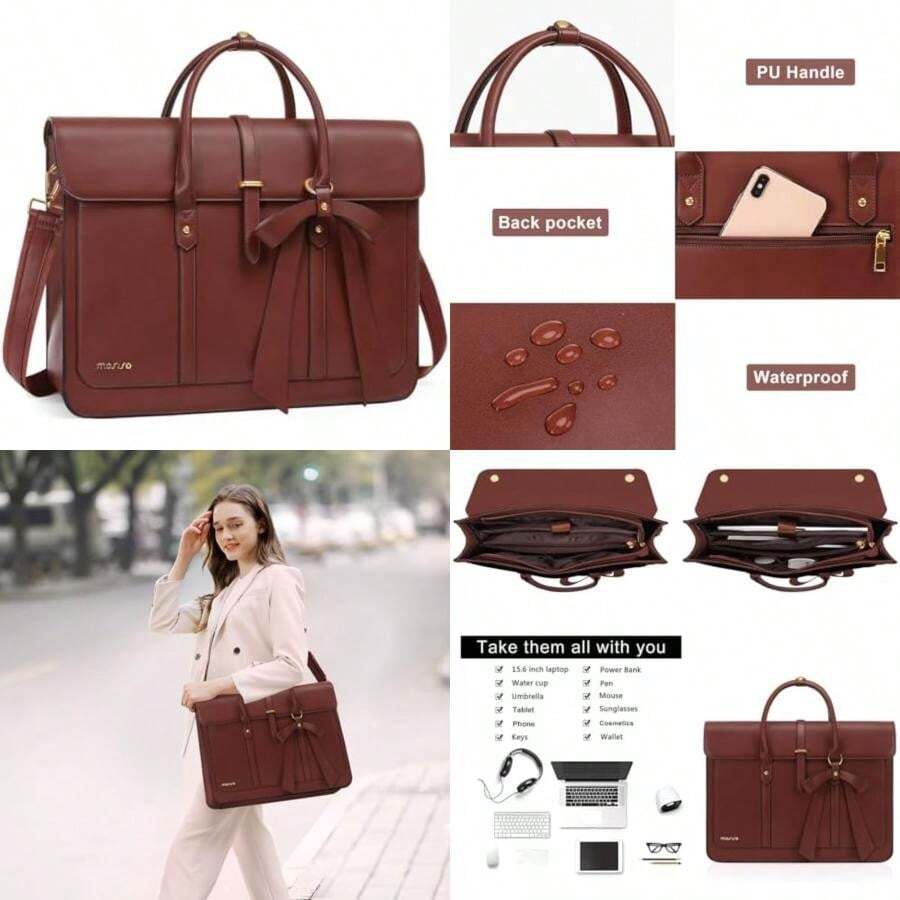 MOSISO Bolsa para Laptop Mujer,13-14 Pulgadas PU Cuero Bolsa de Hombro para Laptop Convertible a Mochila,13.3 Pulgadas Mensajero Bolso Informal Trabajo Maletín Viaje con Bowknot,(16 pulgadas Marrón) - Multicolor - Ver 1
