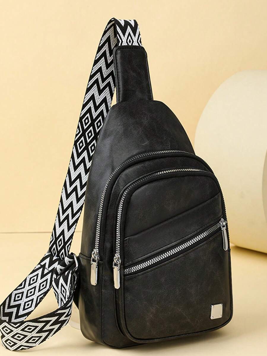 Nova bolsa transversal retrô, moderna, clássica e versátil, em tecido PU impermeável de cor sólida, com várias camadas. Possui bolso embutido, diversos compartimentos com zíper e um orifício externo para fones de ouvido. A alça de ombro com estampa de diamante é ideal para viagens, compras, uso como bolsa transversal e também como bolsa esportiva para atividades ao ar livre. - Preto - Ver 1