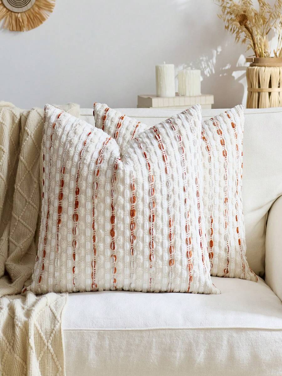 1个/2个橙色+驼色（不含枕芯）3D加厚条纹抱枕套，波西米亚农舍风雪尼尔抱枕套，中性色枕套，适用于沙发、床、卧室、餐厅、派对、装饰，适合春、秋、冬季