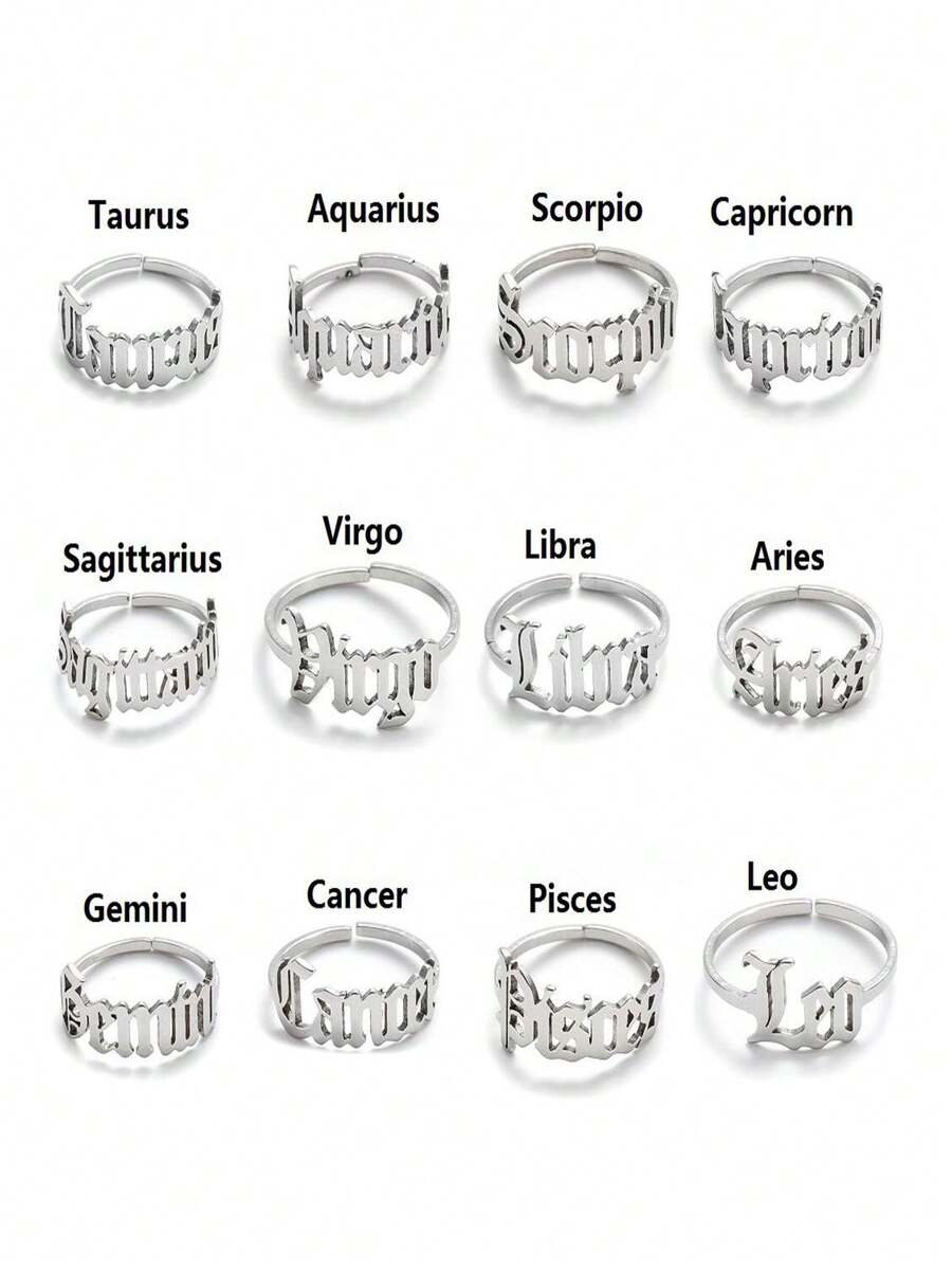 1 chiếc nhẫn bạc cổ điển bằng thép không gỉ có thể điều chỉnh kích cỡ, khắc 12 cung hoàng đạo, phù hợp cho nữ giới đeo hàng ngày và trong các dịp lễ. - Bạc - Xem 1