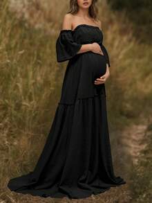 黑色孕妇露肩层叠短袖梭织面料微弹力长款礼服，荷叶边裙摆拖尾，适合草坪、海滩、花园等特殊场合春季拍摄 - 黑色 - 查看 5