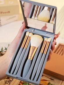 5pcs Portable Makeup Brush Set With Mirror, Rose White Letter A-Z Printed, Boxed Makeup Brush Set, Multi-Functional Makeup Brush Set With Mirror Case, Mini Multi-Functional Makeup Pencil, Foundation Brush, Eyeshadow Brush, Basic Makeup Tool Mixing Brush. Makeup Brush Organizer Includes Makeup Brushes, Convenient And Practical, Ideal Gift For Girls, Portable Travel Essentials, Travel Must-Have. - Multicolor - View 5