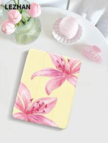 1pc Cream Yellow Tiger Lily Printed Flat Protective Case, Compatible With IPad 10.2", IPad Pro 11" 2021/2020/10th Gen, IPad (A16) 11" 11th Gen 2025, IPad 8th/9th/10th Gen, Galaxy Tab A8 10.5" 2022, Matepad 10.4"/Tab, With Pencil Slot, Anti-Drop, Tablet Stand Protective Cover, Romantic Gift For Family And Friends - Multicolor - View 4
