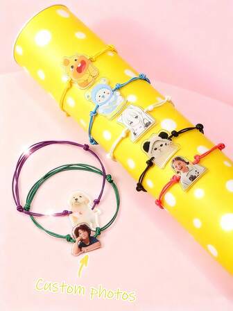 Customized Bracelet, Creative & Cute Personalized Wax Cord Woven Bracelet, Provide Image Printing, Irregular Cutting, Customizable Family, Friends, Idol Images, Double-Sided Transparent Bracelet, Suitable For Birthday, Family Gathering, Valentine's Day, Parent-Child, Couples, Anniversary Celebration, Gift For Mom, Dad, Friends, Boyfriend, Girlfriend, Daily Wear