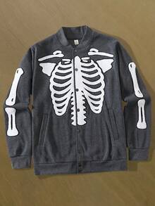 Skeleton Embroidery Baseball Jacket Men, Vintage Streetwear Loose Fit Dark Style Niche Design Coat - Dark Grey - View 10