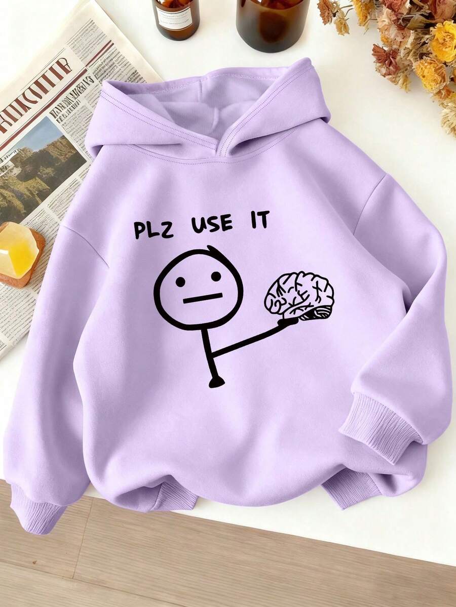 1件女童長袖連帽衛衣,印有「PLZ USE IT」字樣,舒適時尚,休閒穿搭理想之選 - 淡紫色 - 查看 1