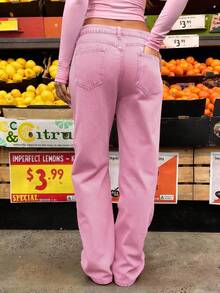 Women's Mid Rise Pink Wide Leg Jeans Loose Straight Sweet Girl Basic Casual Daily Fashion Bottoms Spring - Pink - View 5