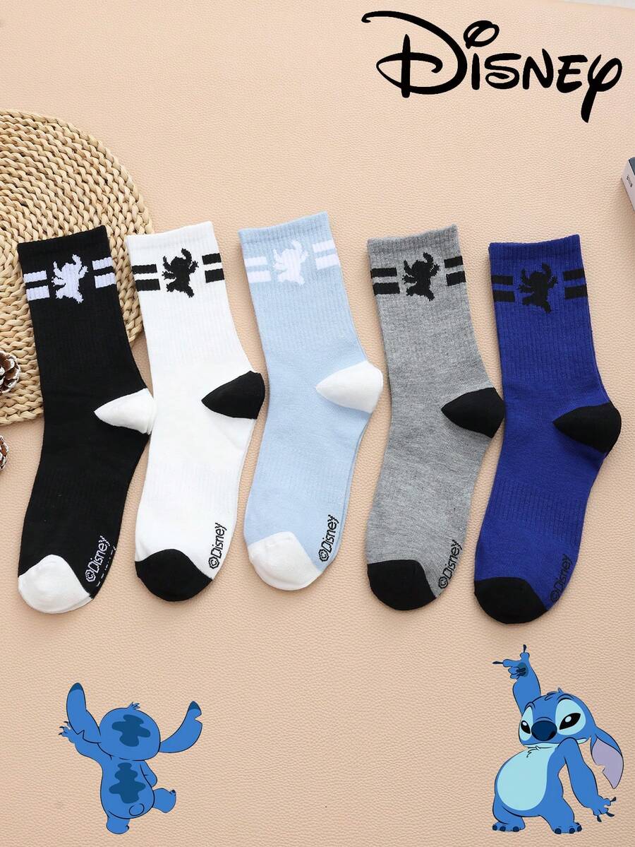 Disney 1 Pair/5 Pairs/10 Pairs Men's Mid-Calf Socks - Stitch Pattern Couple Socks, Two-Stripe Mid-Calf Sports Socks, Versatile Style, Suitable For Daily Wear And As Holiday Gifts - Multicolor - View 1