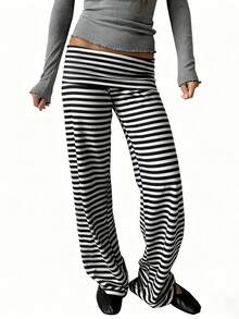 Y2k Fold Over Yoga Pants For Women Low Rise Straight Leg Sweatpants Striped Stretchy Loose Gym Lounge Leggings Flared Pants Streetwear - 黑與白 - 查看 7