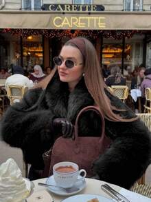 Áo khoác lông giả ngắn, áo khoác cổ ve màu trơn kiểu Pháp cổ điển, áo choàng lông thú đa năng phong cách lãng mạn cổ điển dành cho công sở và đi làm. - màu đen - Xem 6