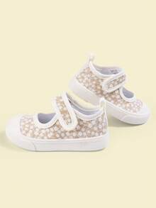 1 paire de baskets décontractées à tige basse en canevas avec motif floral mignon pour bébés filles, confortables pour le port en extérieur au printemps et en automne - Beige - Voir 5