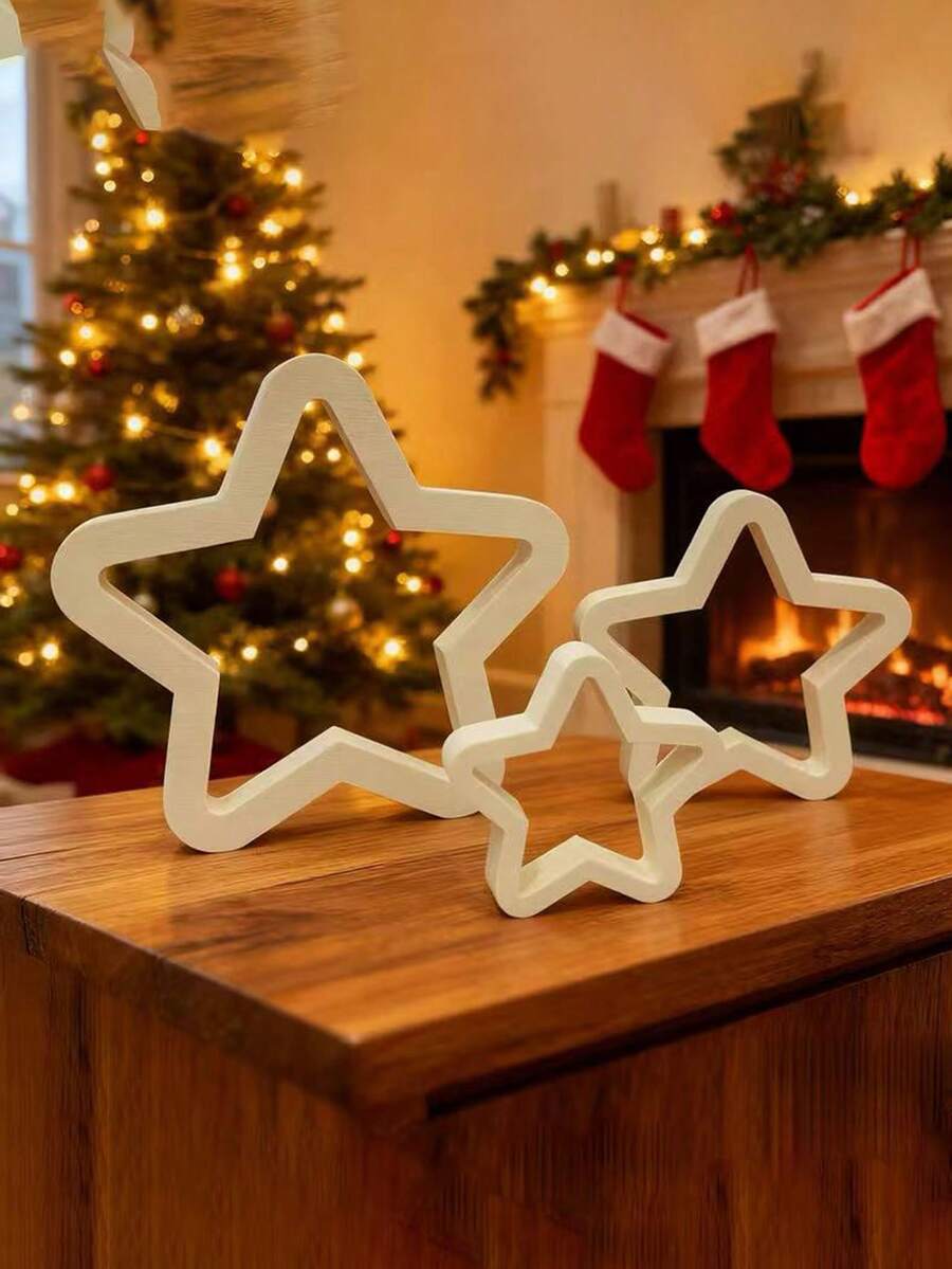 3pcs Nordic Hollow Star Decorations Set - White Layered Star Decor With 3D Layered Effect, No Electricity Needed, Suitable For Fireplace Mantel, Tabletop, Holiday Home Decor - Durable Plastic Structure, Elegant Dining Table Center Piece, Fireplace Decor - Multicolor - View 1