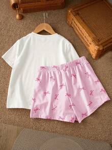Bộ áo thun tay ngắn và quần short in nơ cho bé gái tuổi teen - trắng - Xem 2