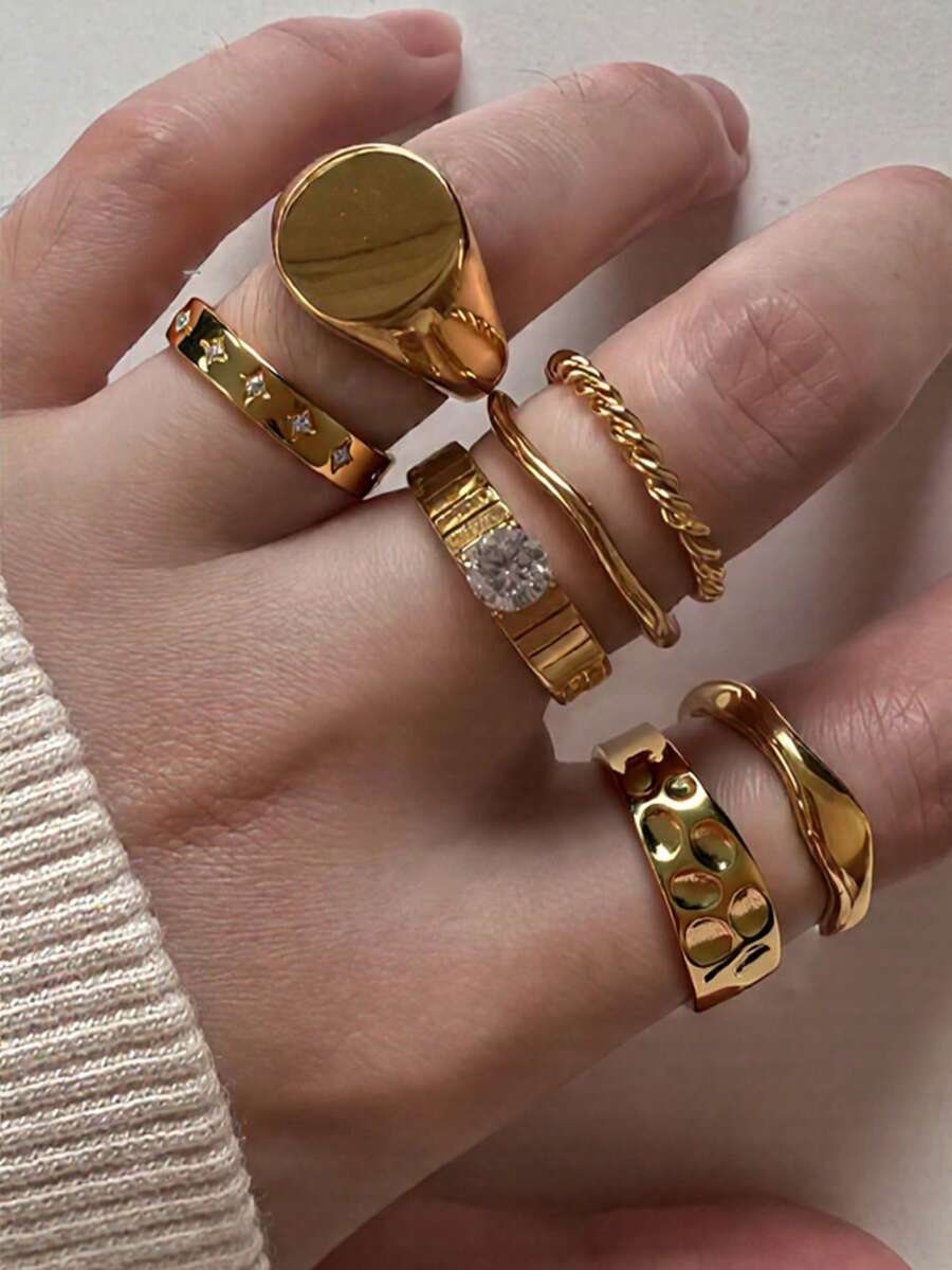 7pcs Elegant Rhinestone Encrusted Round Ring Set, Suitable For Women's Daily Dates, Party Attendance, Engagement, Wedding, Music Festival Stacking And Matching