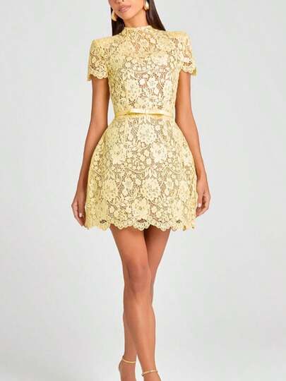 Women's Fresh Classical And Elegant Mini Dress - Yellow Sheer Floral Lace Mock Neck Short-Sleeve Ruffled Gown, Summer Fashion Women's Clothes