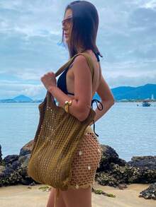 Women's Large Crochet Beach Bag, , With Shoulder Strap, Knitted, For Pool, Summer. - Lạc đà - Xem 2