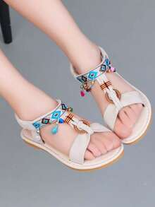 1 Pair Girls Vintage Beaded Flat Sandals, Soft Sole Non-Slip Children Roman Sandals, Suitable For Summer - Beige - View 2
