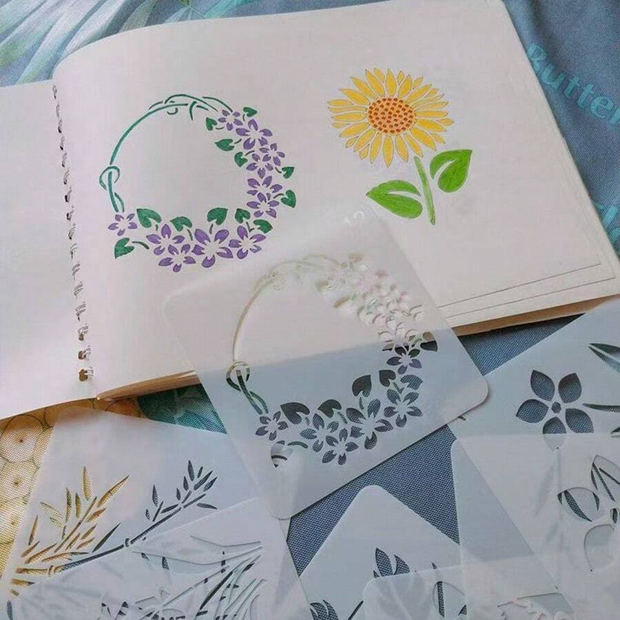 20 piezas Plantilla de dibujo con diseño de flores Volver a la escuela, Volver a la escuela, Útiles escolares - Blanco - Ver 1
