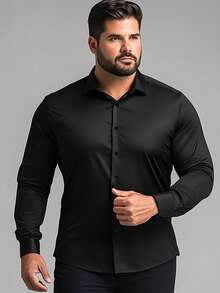 Plus Size Men's Solid White Shirt, New Classic White Long Sleeve Shirt, Elegant Shirt Top For Autumn - Black - View 2