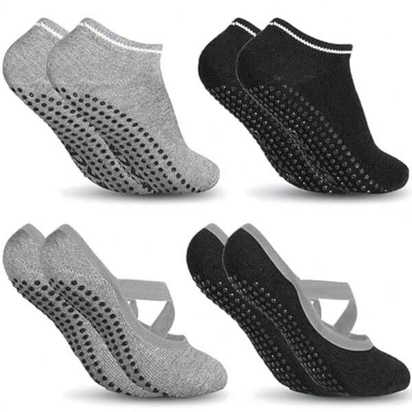 4Pcs Calcetines Yoga Calcetines Antideslizantes de Mujeres Deportivos para Ejercicio Interior Comodo Pilates Yoga Ballet Baile Fitness etc Negro y Gris