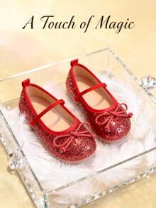 1双时尚红色水晶亮片公主鞋，女童亮片蝴蝶结设计，适合所有季节，可搭配演出服，适合舞台表演、日常穿着、节日庆典、小型派对、生日礼物 - 紅色 - 查看 3