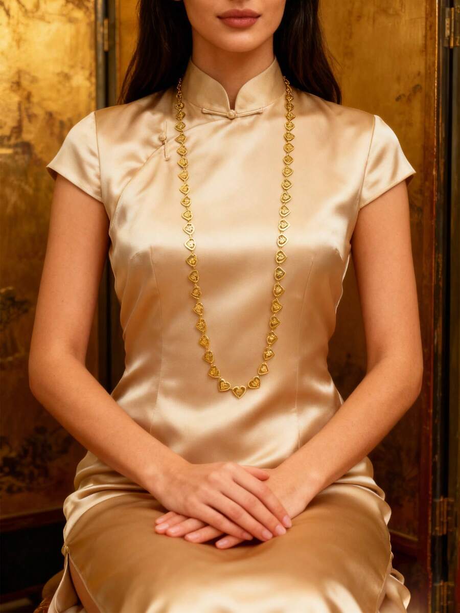 1条18K镀金不锈钢皱纹纹理心形长项链，时尚优雅，适合日常佩戴、叠戴、婚礼、约会等场合。 - 金色 - 查看 1