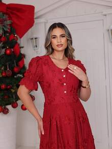 Elegant Women's Dress, Simple, Embroidered, Button-Down, All Sizes - Burgundy - View 3