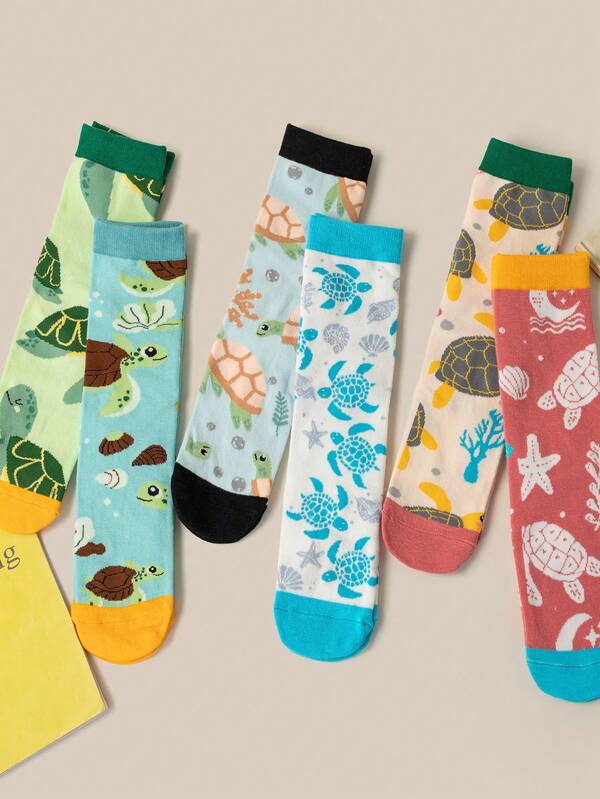 6 Pairs Unisex Turtle Pattern Sports Socks, Fashionable Casual Mid-Calf Socks For Autumn/Winter