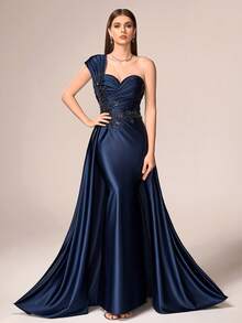 VIPGIRL Elegant Luxury Women's Long Formal Evening Dress, Featuring Pleated Bust Detail, Knit Fabric Accented With Contrasting Sequins. - Blue - View 9