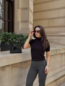 VIBEWAVE 基本款高领短袖针织毛衣 - 黑色 - 查看 8