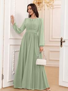Volly Toych Celadon Autumn Outfits Women Elegant A-Line Scoop Long Sleeve Floor-Length Chiffon Formal Bridesmaid Dress,Wedding Guest Dress,Sleeves Without Lining - 青瓷 - 查看 3