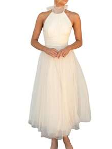 Womens Backless Long Dress Adjustable Tie Halter Neck Tulle High Waist Solid Party Wedding Dress - Pearl White - Xem 1