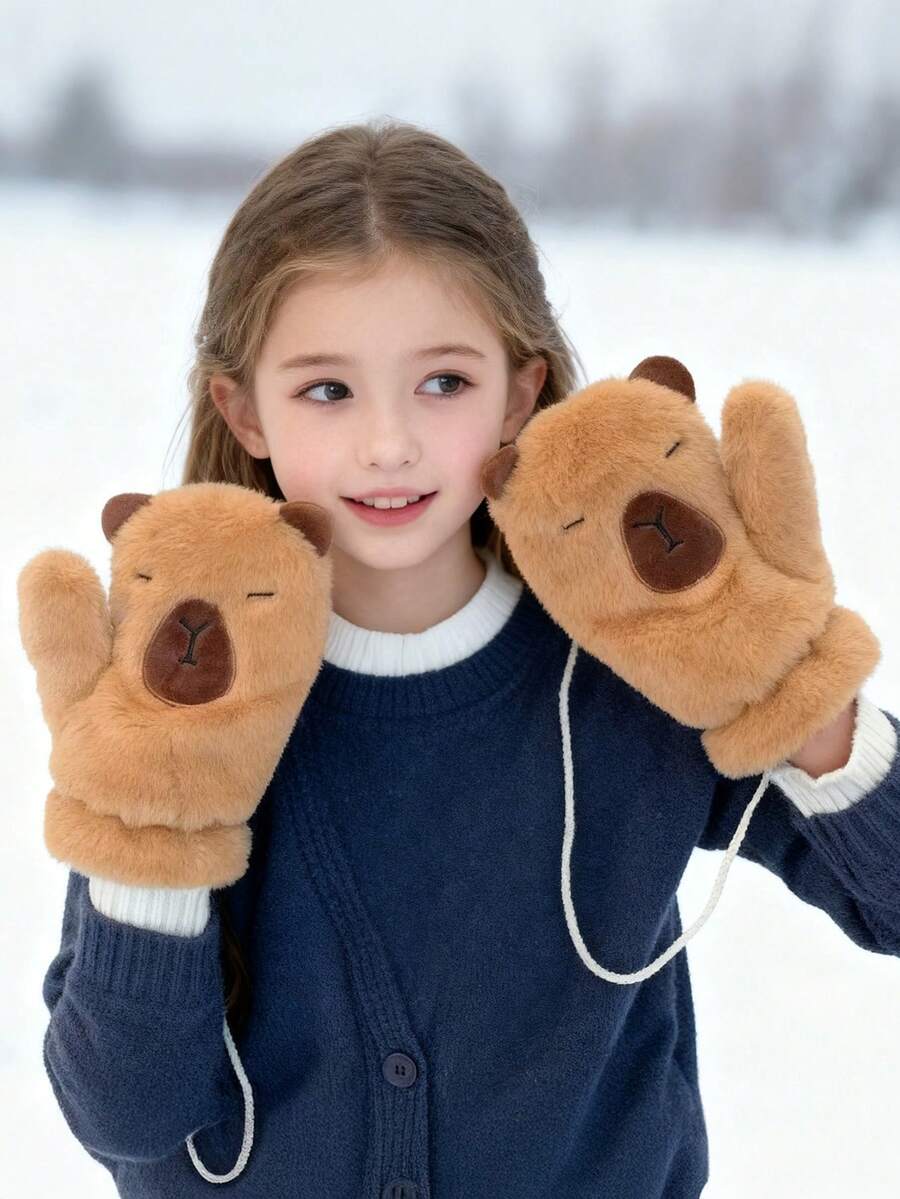 1 Pair Teens Adorable Cartoon Winter Mittens - Thermal Lined Warm Gloves With Lanyard For Campus & Outings - Kapibala - View 1